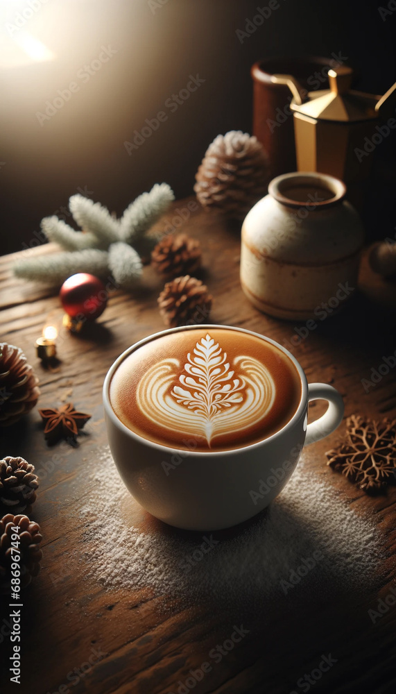 Festive Cappuccino with Snowflake Latte Art Design, Christmas Coffee