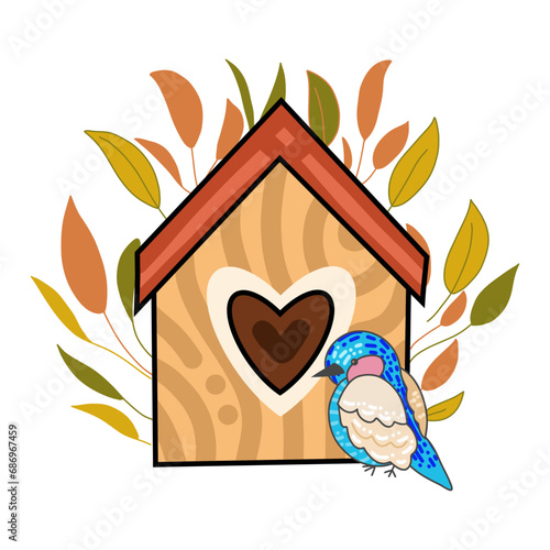 Hand drawn cute bird with house, vector illustration art.