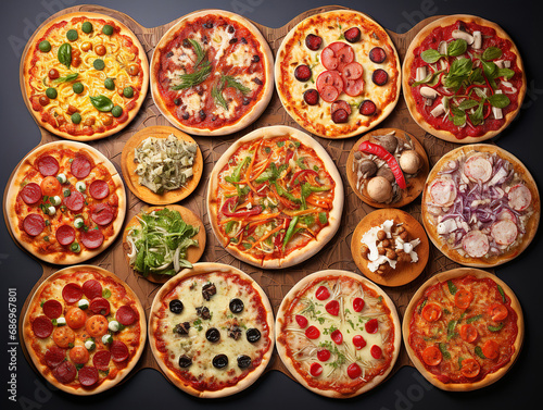 Collage with different tasty pizzas, closeup. Generative Ai