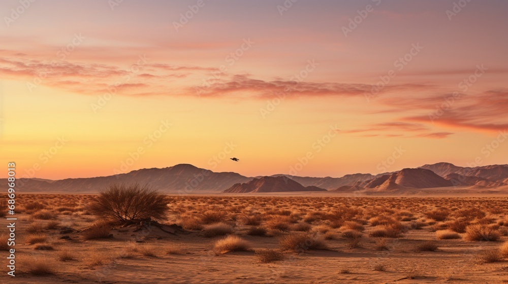 A serene desert sunset, with a lone falcon silhouetted against the warm hues of the fading day.