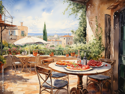 Italian pizzeria terrace in sunshine with pizza on table, dreamy watercolor. Generative Ai