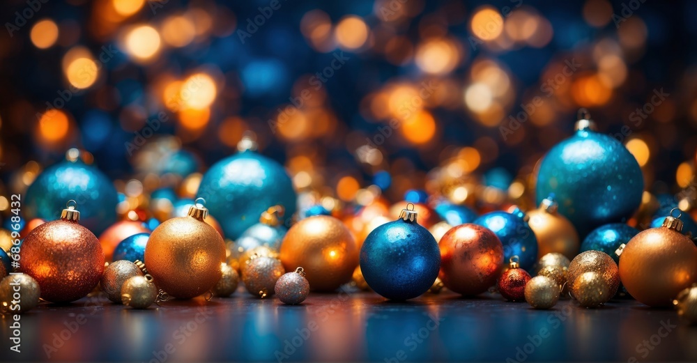 Captivating bokeh effect of Christmas baubles against a blue background, accentuated with warm light orange and deep gold shades for a festive glow Captivating bokeh effect of Christmas baubles against a blue background, accentuated with warm light orange and deep gold shades for a festive glow
