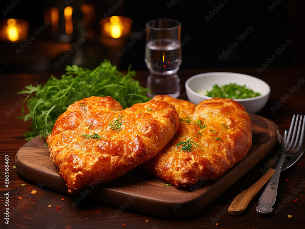 Two khachapuri in the shape of a heart, dinner in a Georgian restaurant. Generative Ai Two khachapuri in the shape of a heart, dinner in a Georgian restaurant. Generative Ai