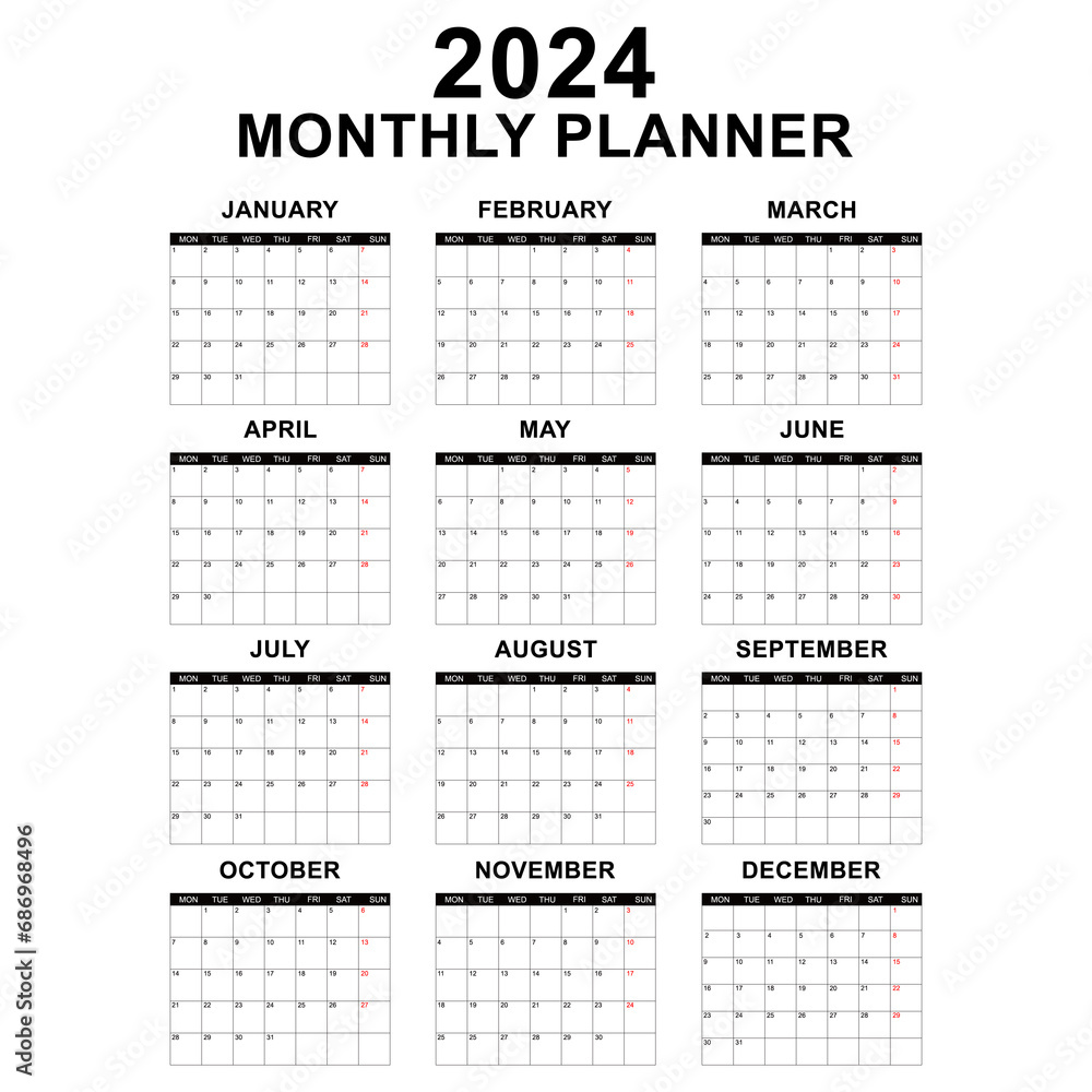 Monthly Calendar Template For 2024 Year Wall Calendar In A Minimalist