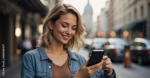 Beautiful young woman in a city setting  happily engaged with her smartphone  representing the modern lifestyle  connection  and casual business dynamics of today s world