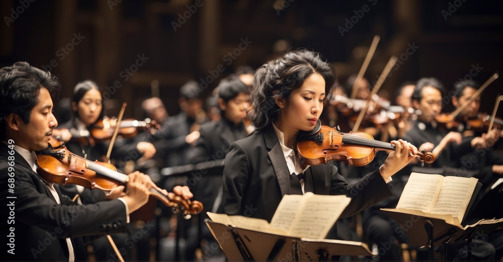  Images capturing the symphony orchestra during a classical music performance, showcasing the musicians in action - obrazy, fototapety, plakaty 