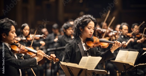  Images capturing the symphony orchestra during a classical music performance, showcasing the musicians in action photo