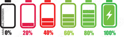 Battery icon set Vector illustration. battery charging sign and symbol. battery charge level set. Battery charging, charge indicator. Vector battery power icon powerfully charged. Vector illustration.