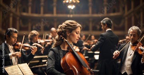 Photographs capturing the elegance of a classical music orchestra in performance, highlighting the musicians and their instruments