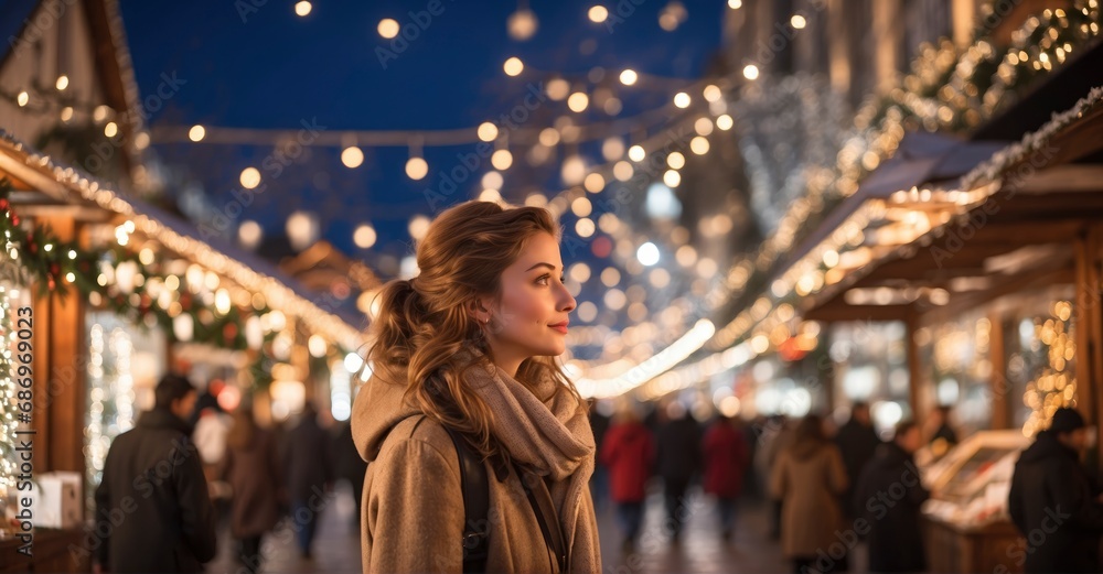 Under the sparkling lights of the Christmas market, a young lady takes a serene evening stroll, immersing herself in the magical atmosphere that signifies the winter holidays