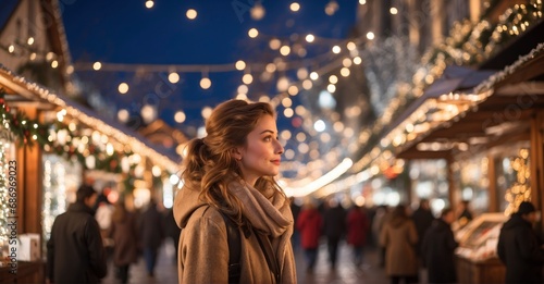 Under the sparkling lights of the Christmas market, a young lady takes a serene evening stroll, immersing herself in the magical atmosphere that signifies the winter holidays