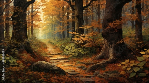 a serene woodland landscape  with a meandering trail covered in fallen leaves leading to a hidden  autumn paradise.
