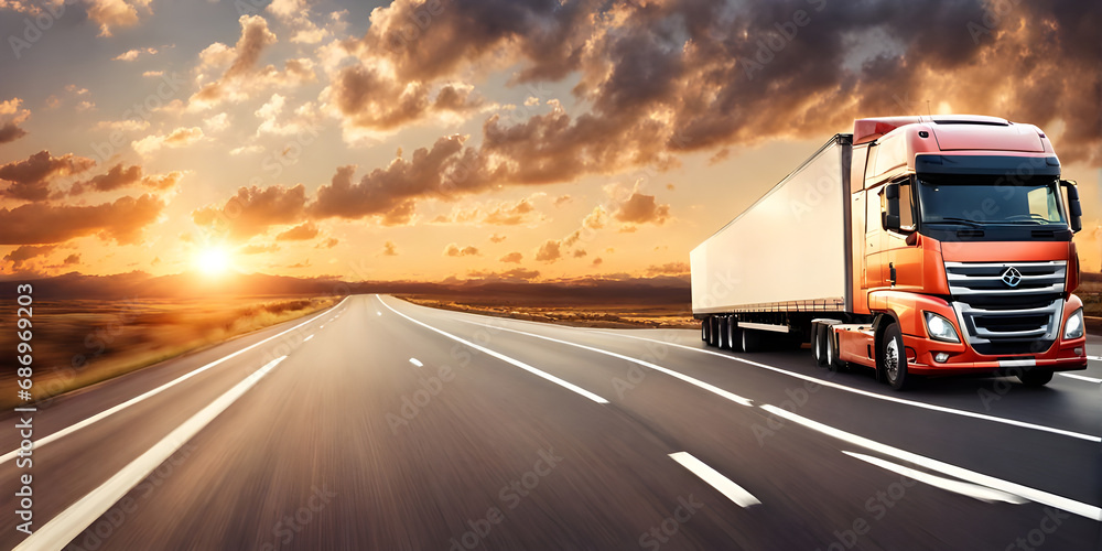 cargo truck on the road at sunset. banner with copy space.
