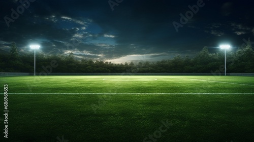 a soccer field, with vibrant green grass ready for an exciting match under the floodlights.