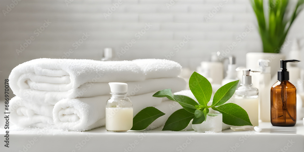 Toiletries, soap, towel and green plant on blurred white bathroom spa background.