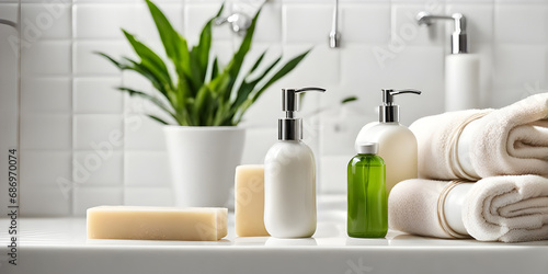 Toiletries  soap  towel and green plant on blurred white bathroom spa background.