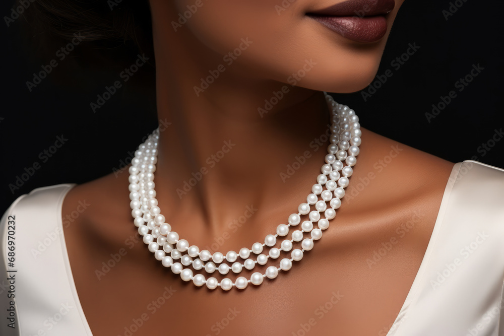 Black african beauty wearing several white pearl necklaces