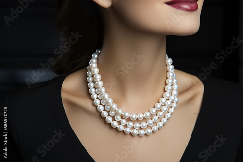 Caucasian beauty wearing several white pearl necklaces