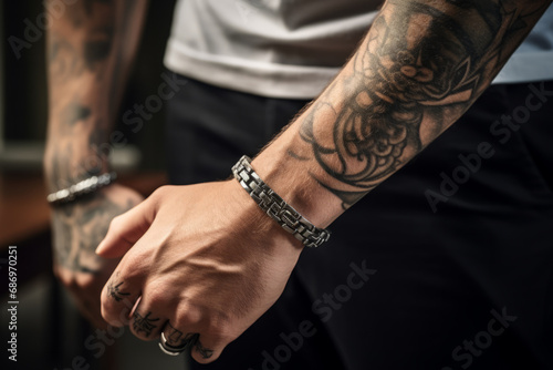 Man wearing a steel bracelet , male jewelry concept image photo