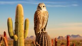 An exquisite kestrel perched on a saguaro cactus, its sharp eyes fixed on the vast desert expanse.