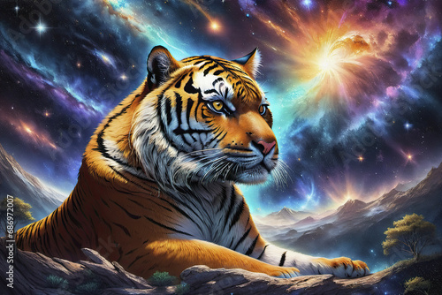 Tiger Laying Down With A Cosmic Background