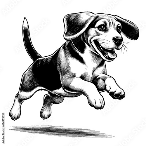 Happy Beagle jumping. Hand Drawn Pen and Ink. Vector Isolated in White. Engraving vintage style illustration for print, tattoo, t-shirt, sticker