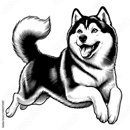 Happy Siberian Husky jumping. Hand Drawn Pen and Ink. Vector Isolated in White. Engraving vintage style illustration for print, tattoo, t-shirt, sticker