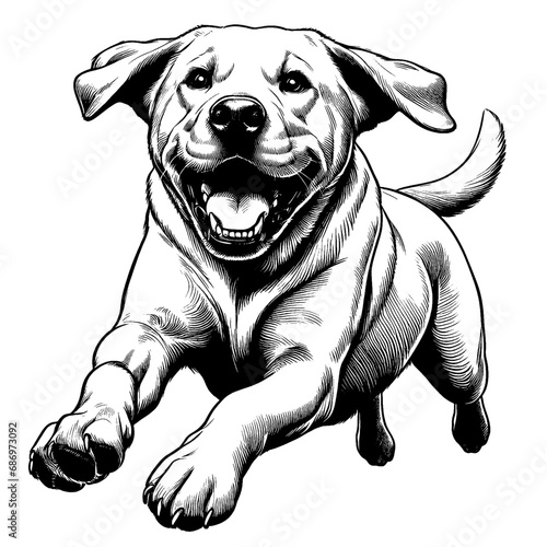 Happy Labrador dog jumping. Hand Drawn Pen and Ink. Vector Isolated in White Engraving vintage style illustration for print, tattoo, t-shirt, sticker