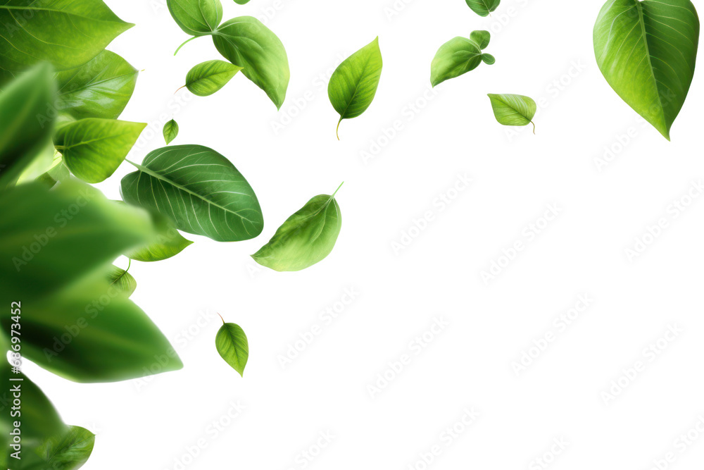 green leaves flying Set of waves formed by green leaves on a transparent background. Isolated.