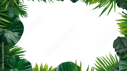 Tropical leaves. Green forest plants. and exotic flowers  natural frames  banana leaves and monstera  jungle coconut trees  poster with space for text. On a transparent background. Isolated.