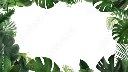 Tropical leaves. Green forest plants. and exotic flowers, natural frames, banana leaves and monstera, jungle coconut trees, poster with space for text. On a transparent background. Isolated.