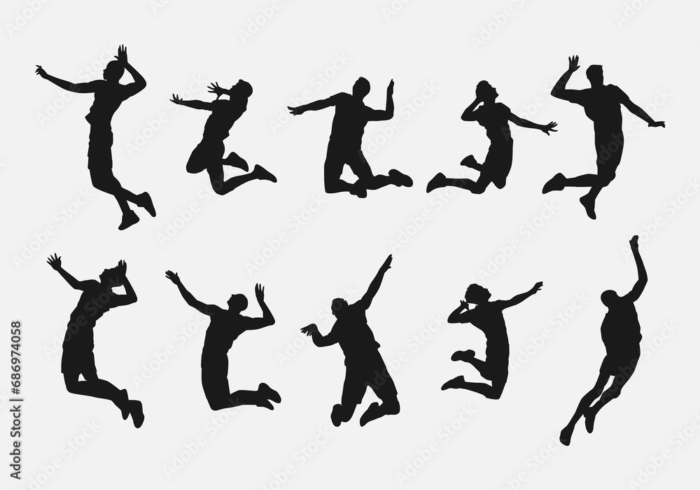 set of male volleyball player silhouettes. athlete doing jump spike. various different pose, gesture. vector illustration.