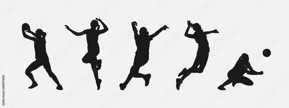 set of silhouettes of five female volleyball athlete with different pose, gesture, movement. isolated on white background. vector illustration.