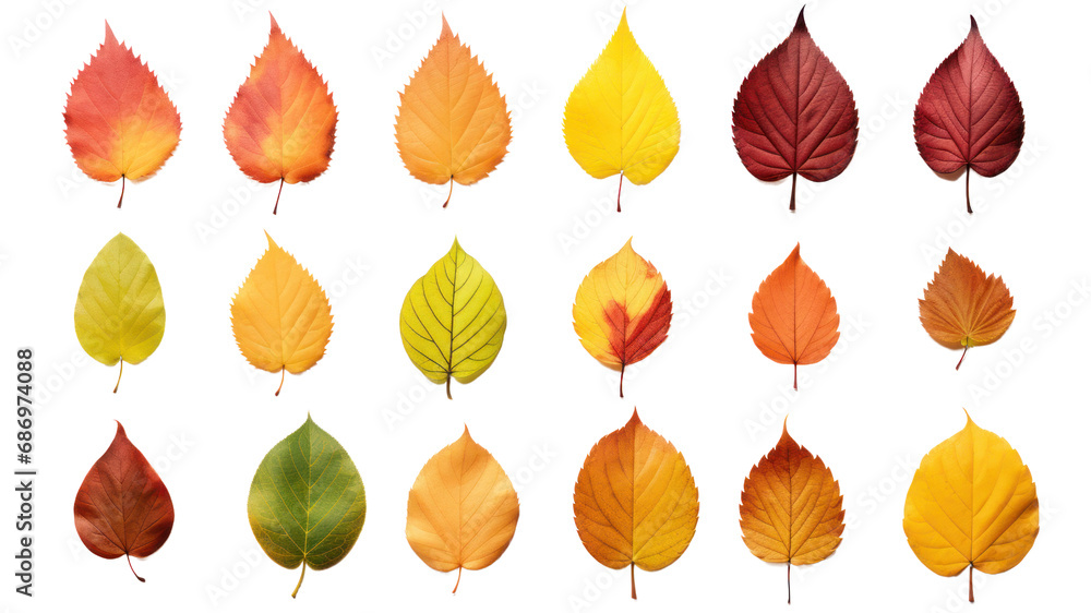 Obraz premium Isolated leaves Collection of colorful autumn leaves. On a transparent background. Isolated.