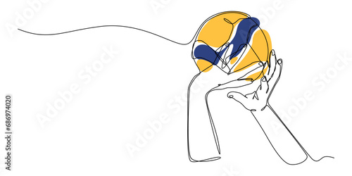 continuous line drawing of the pose of both hands holding the volleyball, overhead pass, assist. isolated on white background. editable stroke. colored vector illustration.