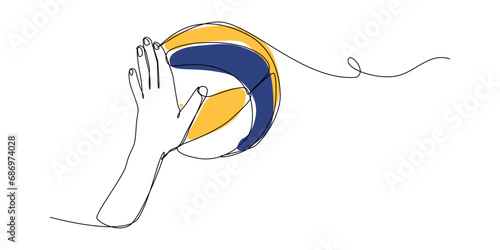 continuous line drawing of hand spiking the ball. volleyball sport. editable stroke. isolated on white background. colored vector illustration.