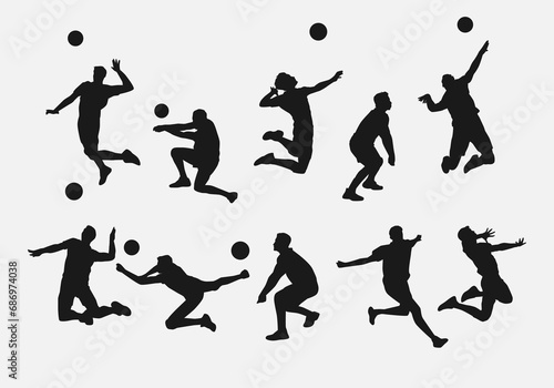 set of male volleyball player, athlete silhouettes. various different pose, gesture. vector illustration. photo
