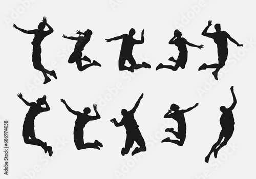 set of male volleyball player silhouettes. athlete doing jump spike. various different pose, gesture. vector illustration.
