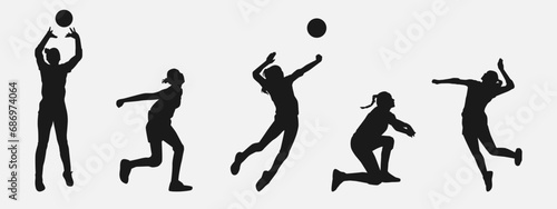 set of silhouettes of five female volleyball athlete with different pose, gesture, movement. isolated on white background. vector illustration. photo