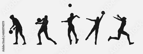 set of silhouettes of five female volleyball athlete with different pose, gesture, movement. isolated on white background. vector illustration.