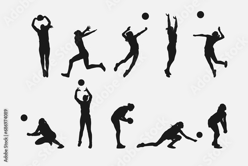 set of silhouettes of female volleyball athlete with different pose, gesture, movement. isolated on white background. vector illustration. photo