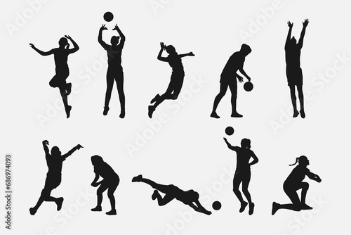 set of silhouettes of female volleyball athlete with different pose, gesture, movement. isolated on white background. vector illustration.