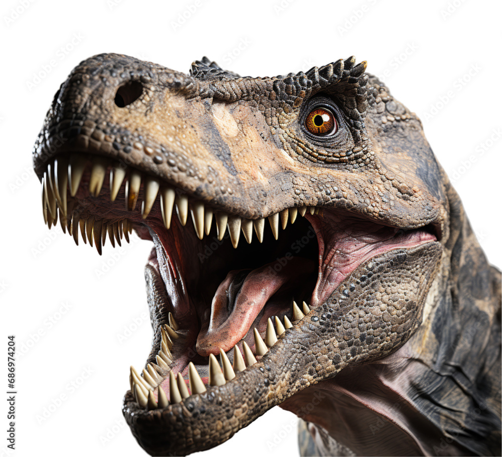 Obraz premium close up portrait of t rex dinosaur with roaring expression, isolated on transparent background, generative ai