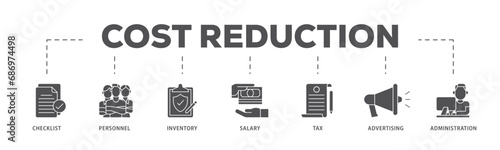 Cost reduction infographic icon flow process which consists of checklist, personnel, inventory, salary, tax, advertising and administration icon live stroke and easy to edit  photo