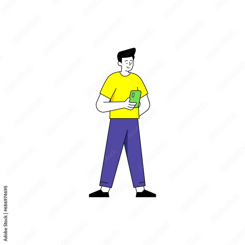 Standing man holding a phone vector illustration.