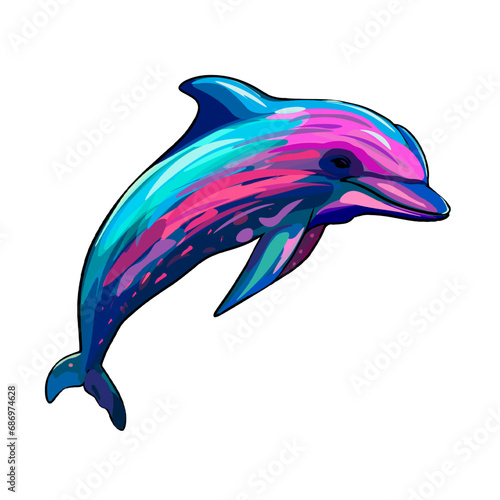 Illustration of a rainbow dolphin on a white background. Dolphin animal in tattoo style for postcards, prints, children's illustrations, tattoo, animal