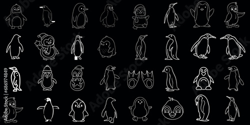 Conjunto de ilustraciones vectoriales de pingüinos, perfecto para libros infantiles, tarjetas de felicitación. Diferentes poses, estilos, arte lineal de pingüinos dibujados a mano, bocetos, garabatos
