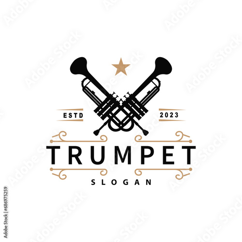 simple brand silhouette design brass musical instrument trumpet, classic jazz trumpet logo