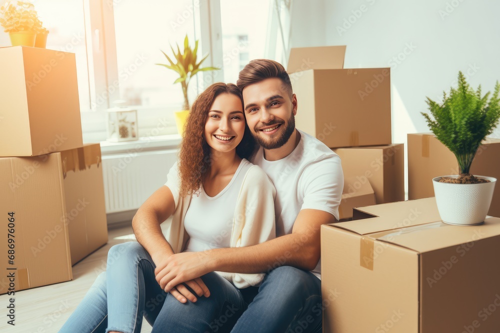 Young couple and unpacking boxes in new home on moving day (AI Generator) Young couple and unpacking boxes in new home on moving day (AI Generator)