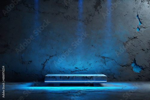 An Empty Scene with a Blue Cyan Light Shines on a Concrete Wall Surface, Volumetric Lighting, 3D Vray Tracing, Dark Grunge Background for Display Products